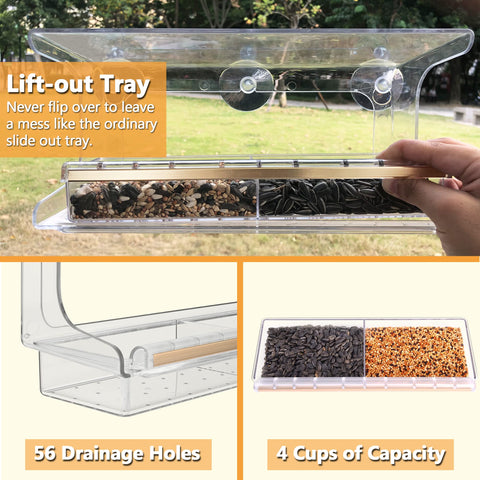 LUJII one-step install window feeder with suction cups for tool-free setup.