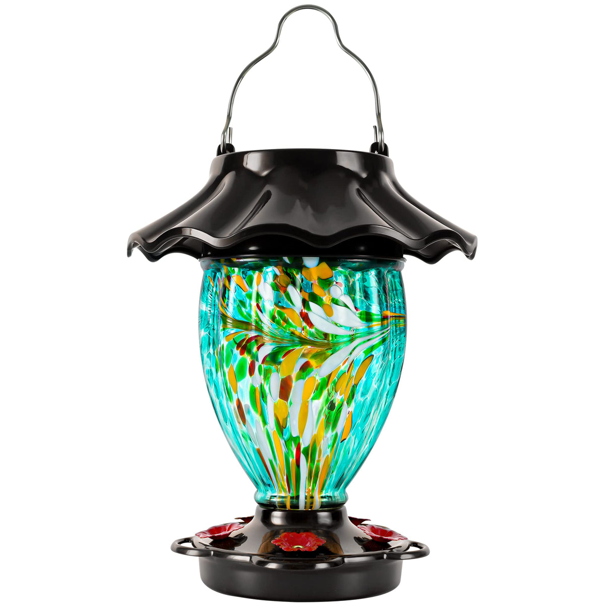 LUJII solar hummingbird feeder teal glowing at night attracts birds and adds color to your garden.