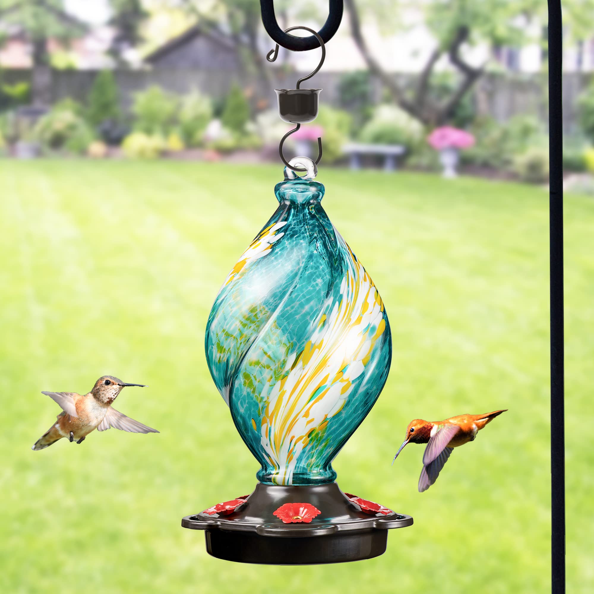 LUJII teal glass hummingbird feeder close-up showing vibrant colors