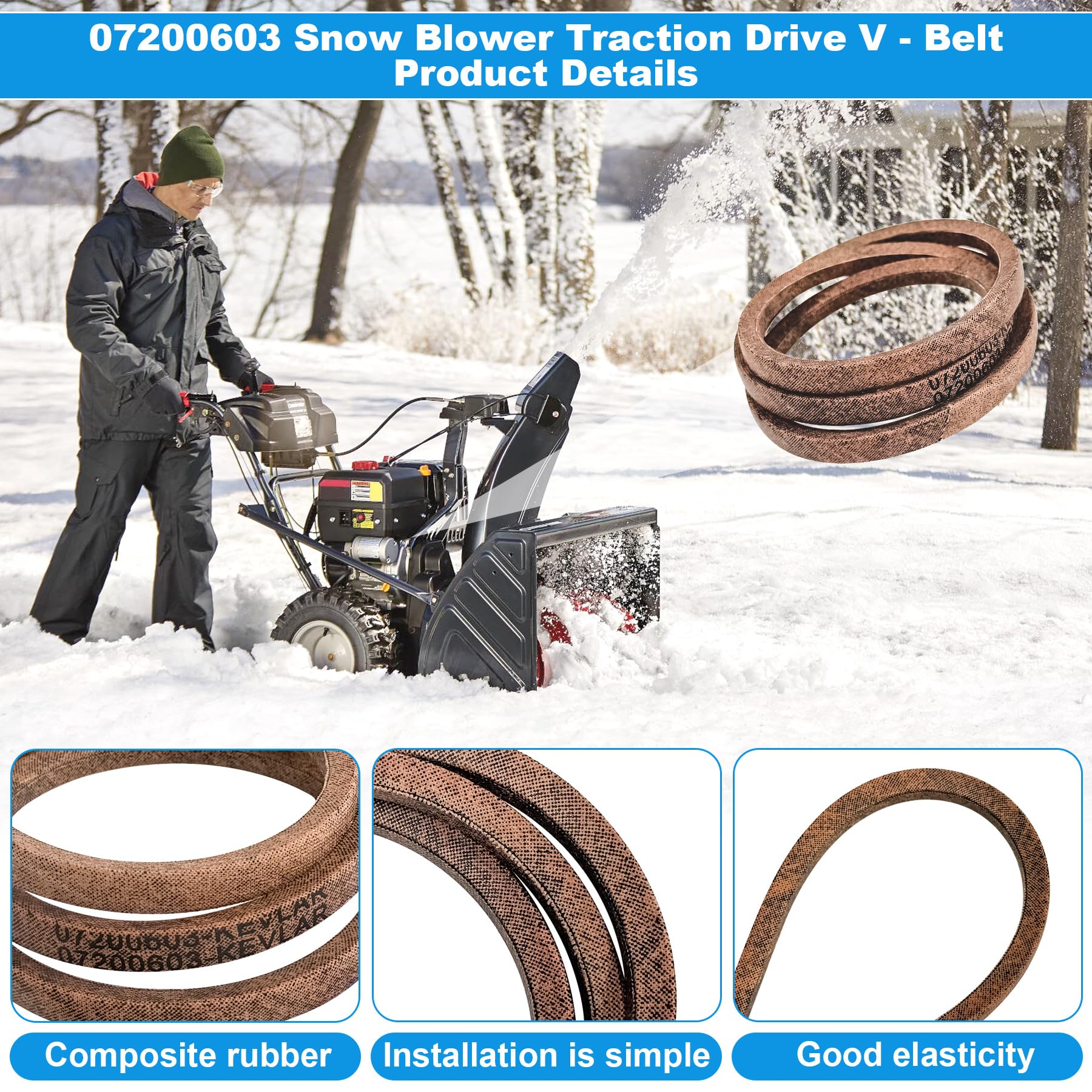 LukeTarp 07200603 belt installed on a snow blower provides stable traction in winter conditions.