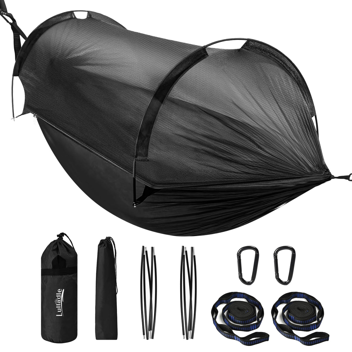 Lulladle camping hammock double with mosquito-net setup for easy outdoor relaxation.