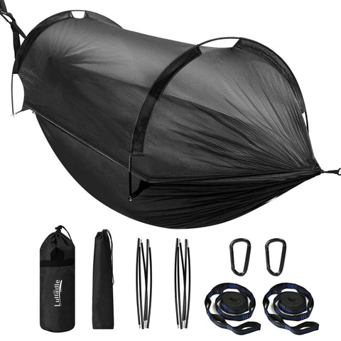 Lulladle camping hammock double with mosquito-net setup for easy outdoor relaxation.