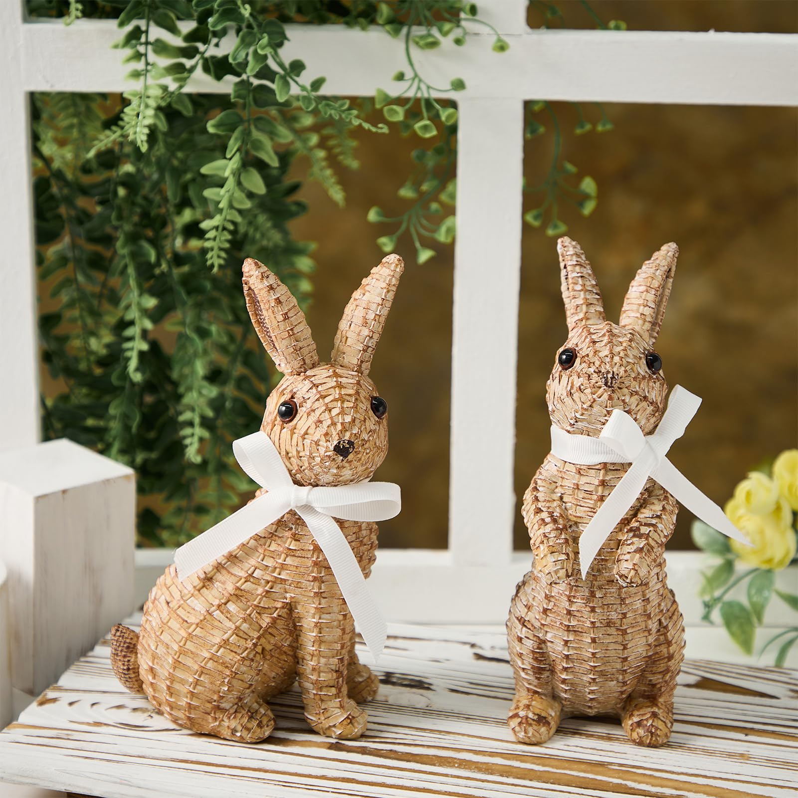 LULU Deer rattan rabbit garden ornament withstands weather outdoors.