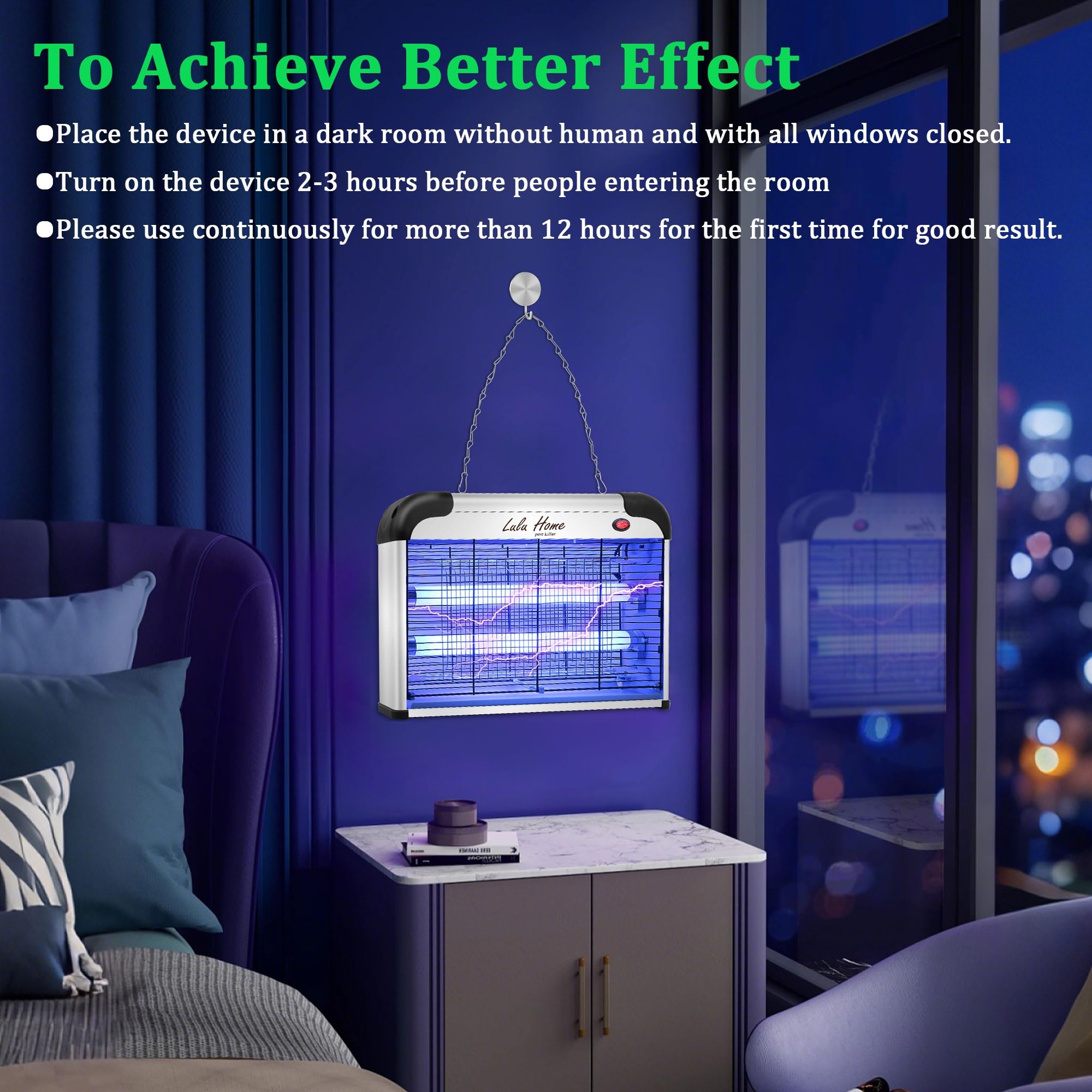 Lulu Home bug zapper blue light emission attracts flying insects.