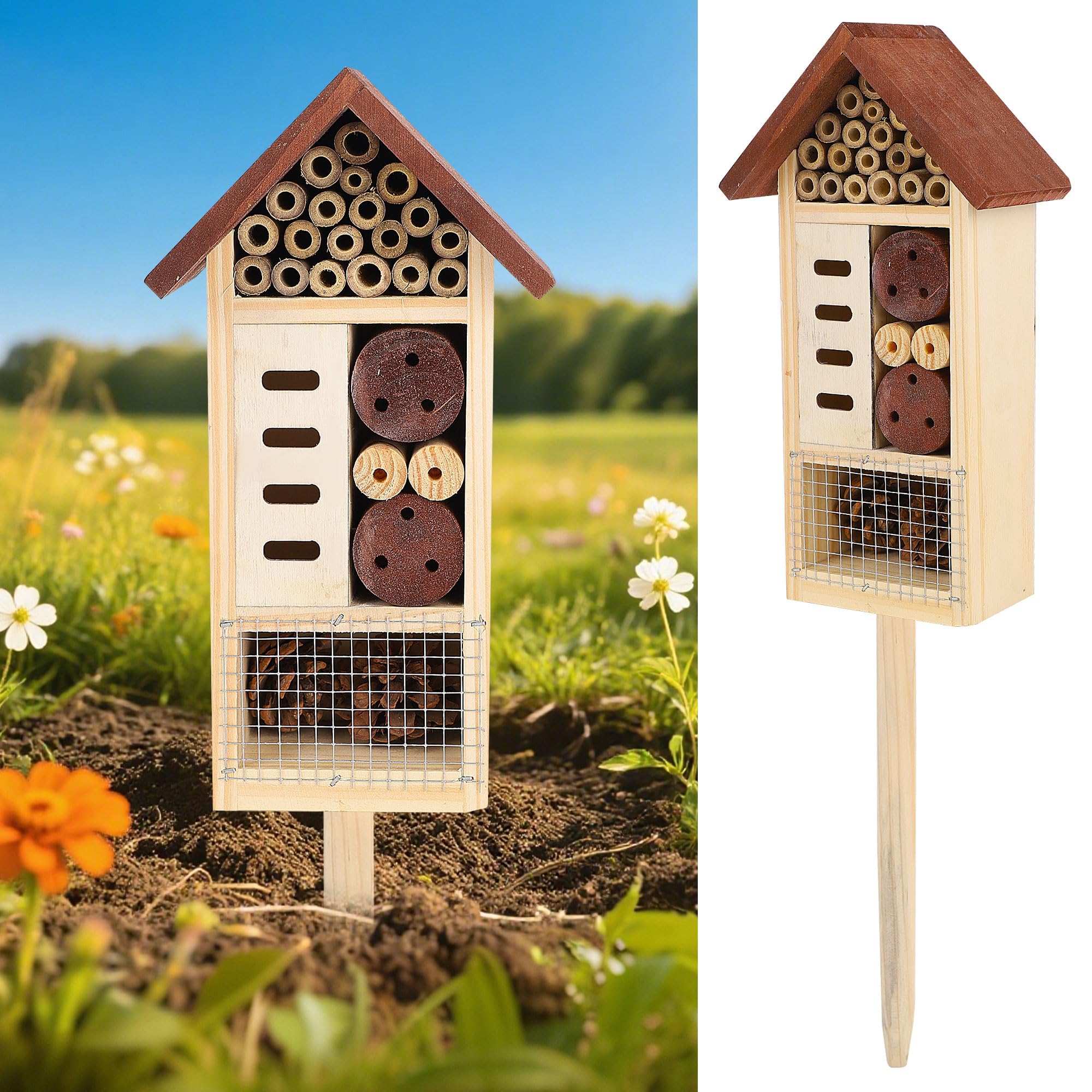 Lulu Home wooden insect house on a stake for easy garden display.