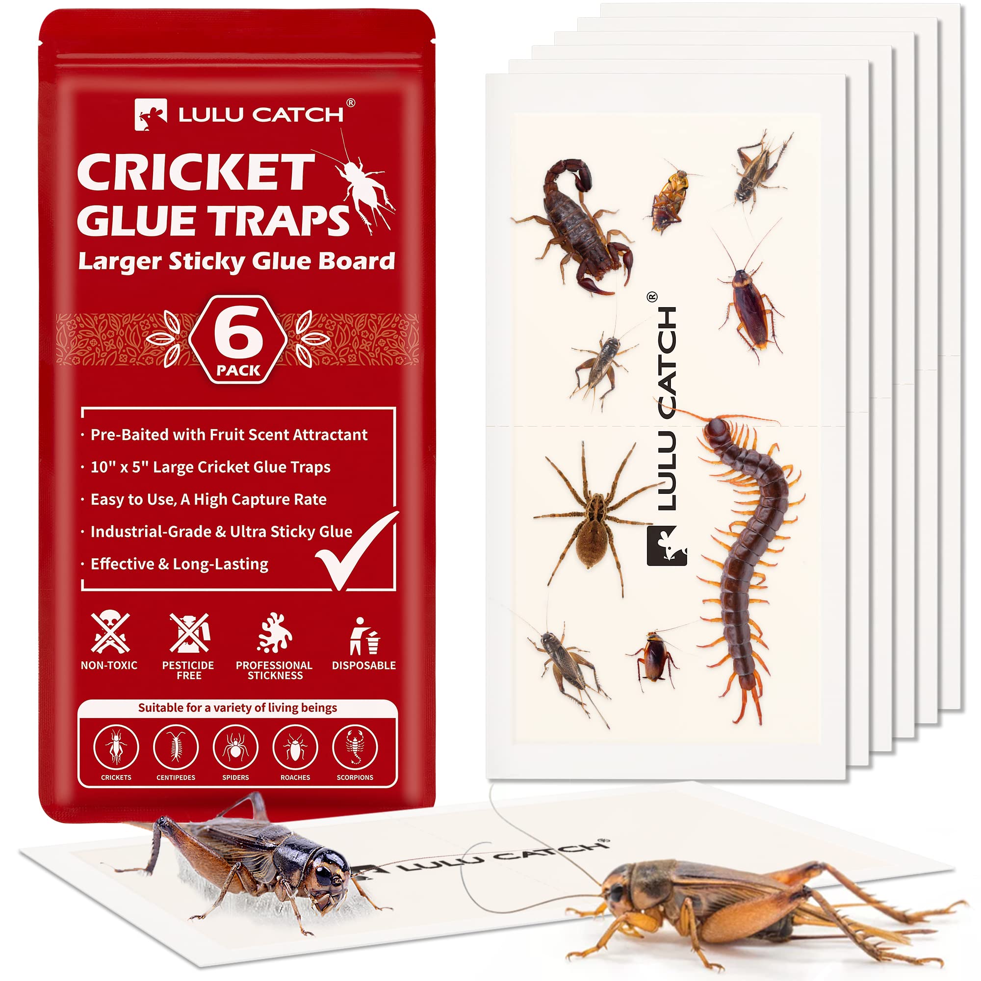 LULUCATCH cricket glue trap, large 5x10 board captures crickets efficiently in homes.