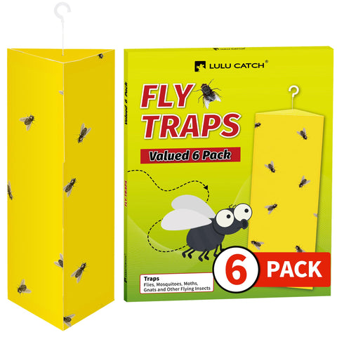LULUCATCH fly trap six-pack yellow sticky sheets attract and catch flies.