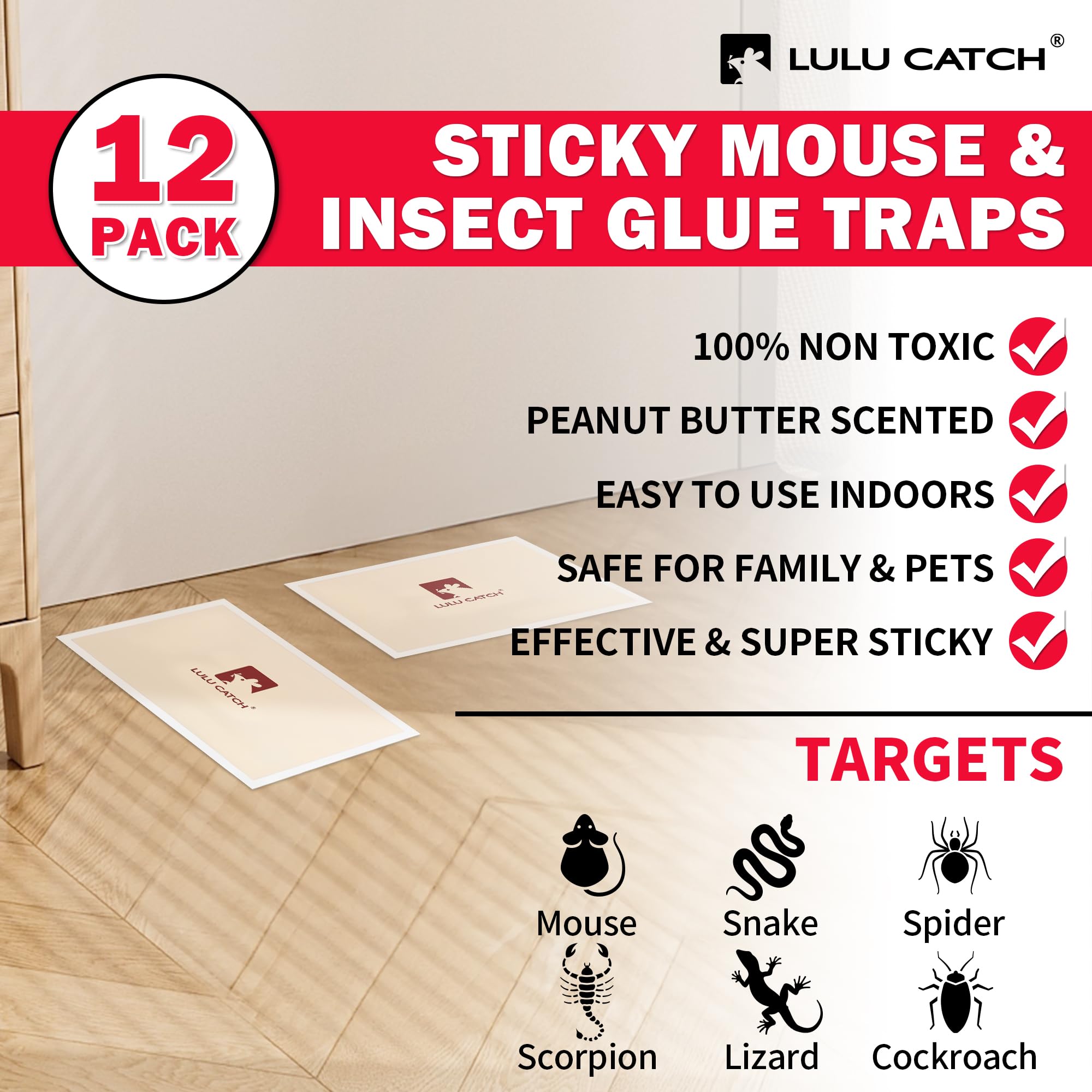 LULUCATCH glue boards placed in a corner illustrate discreet home pest control