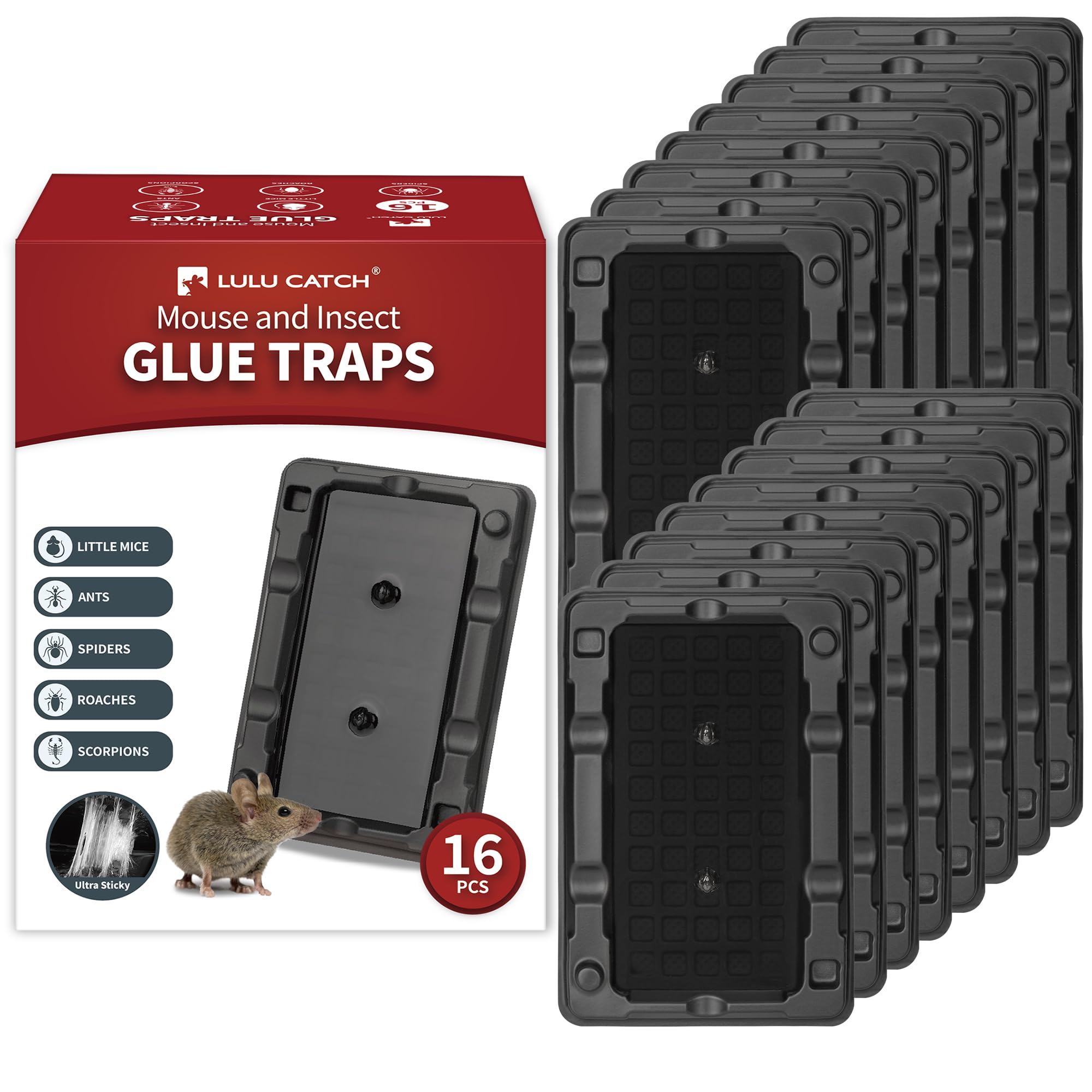 LULUCATCH mouse and insect traps 16-pack ready for quick indoor pest capture.