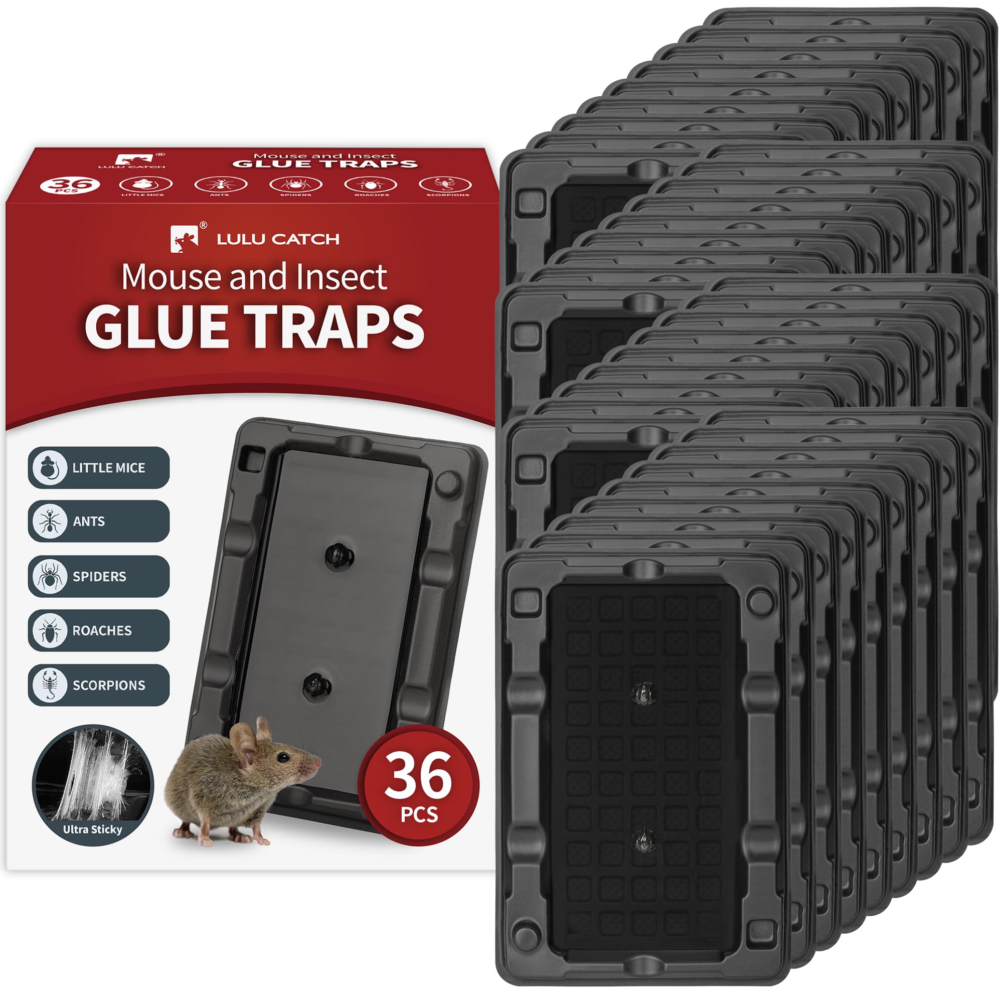 LULUCATCH 36-pack traps for mice and insects, ready for quick pest control.