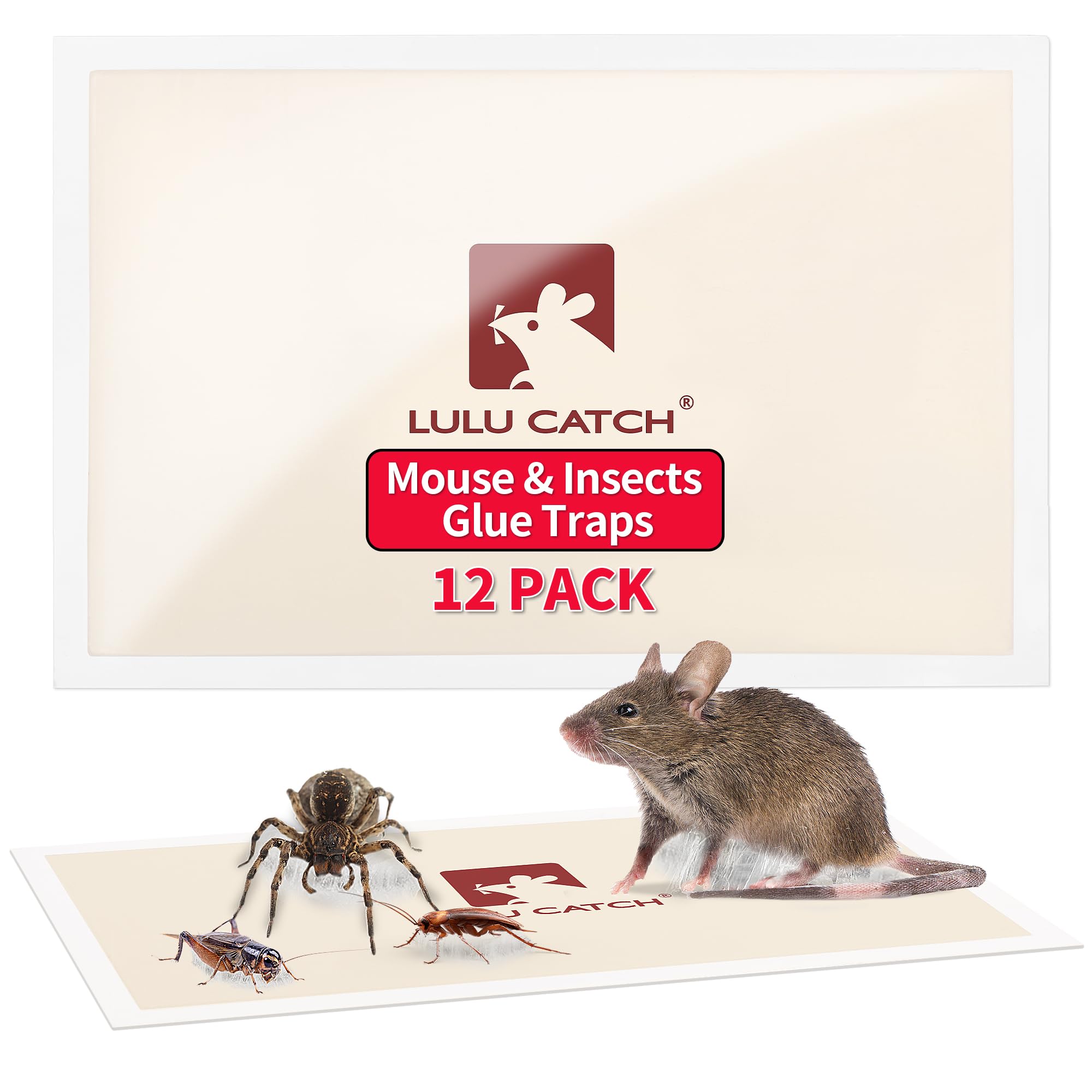 LULUCATCH indoor mouse traps pack showing 12 pre-baited glue boards for safe pest control