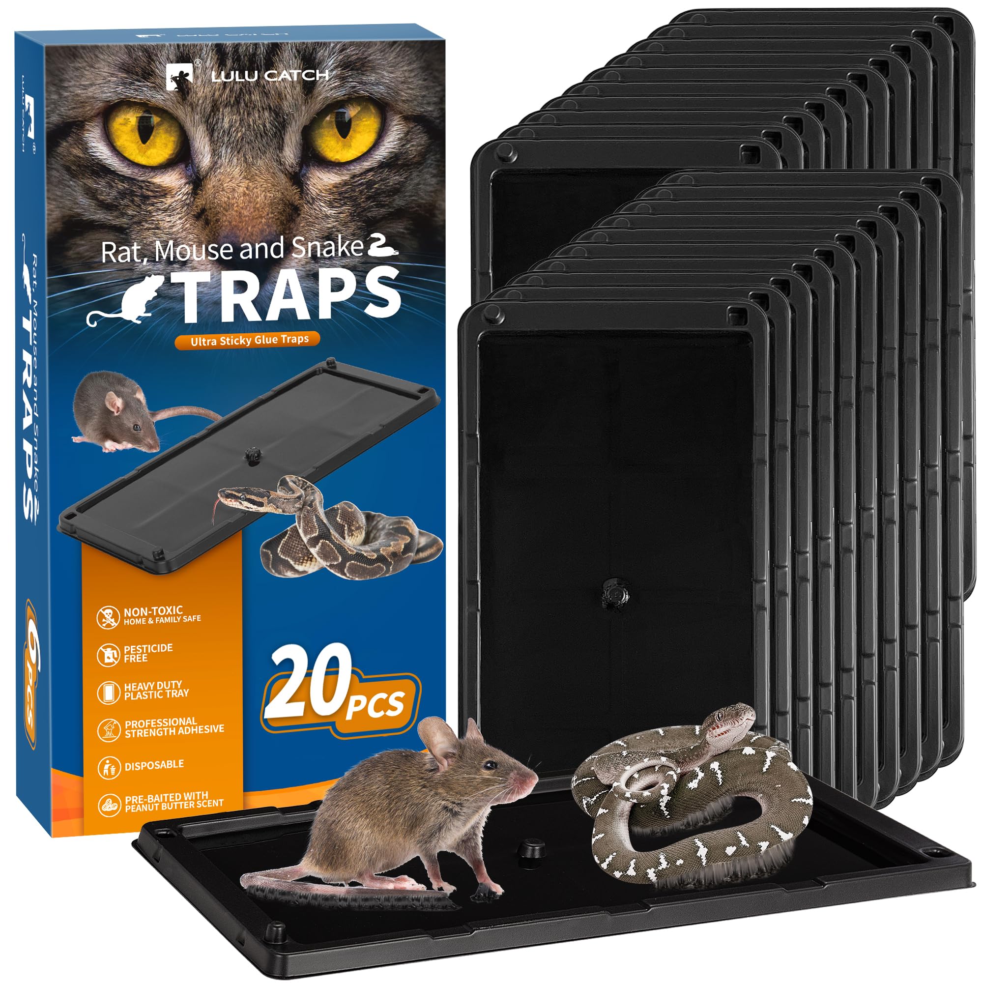 LULUCATCH sticky mouse trap 20-pack close-up shows pre-baited board with strong adhesive.