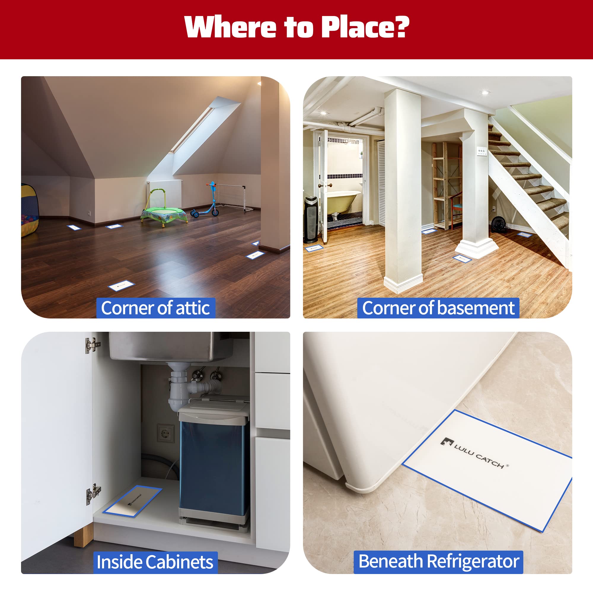 LULUCATCH placement guide for attics, basements, and cabinets.