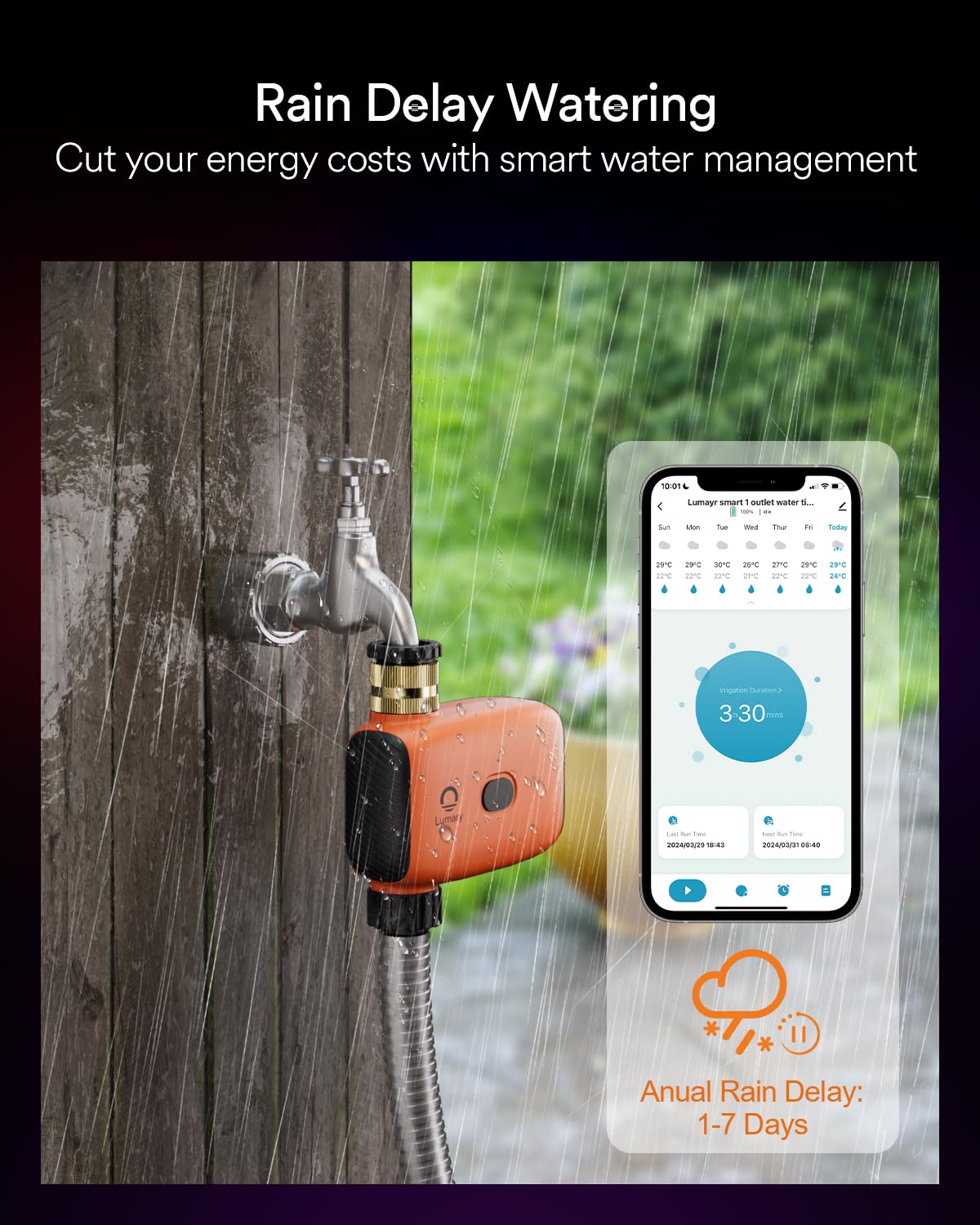 Lumary battery-powered timer for on-demand manual watering.