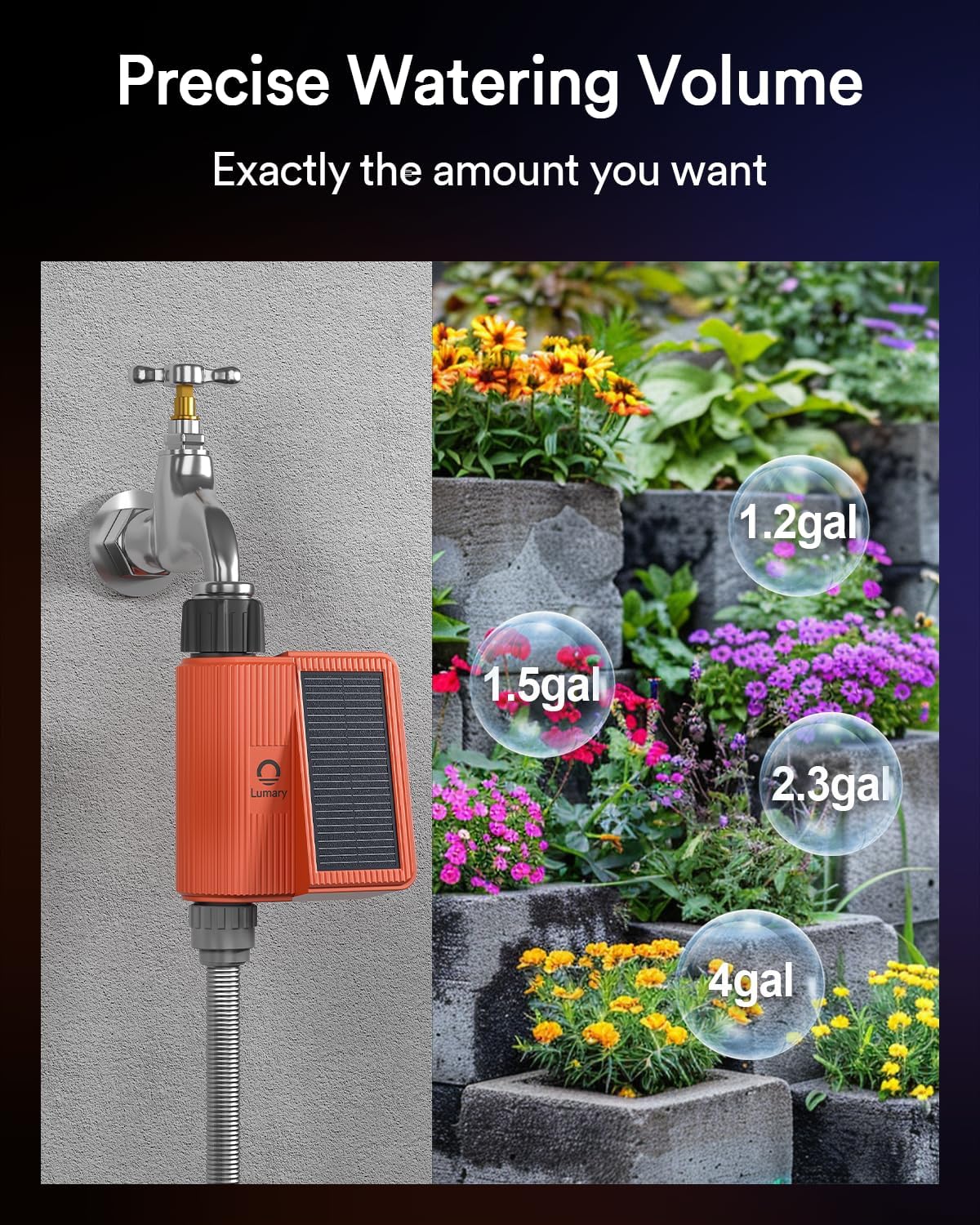 Lumary timer app-control enables remote watering via smartphone.
