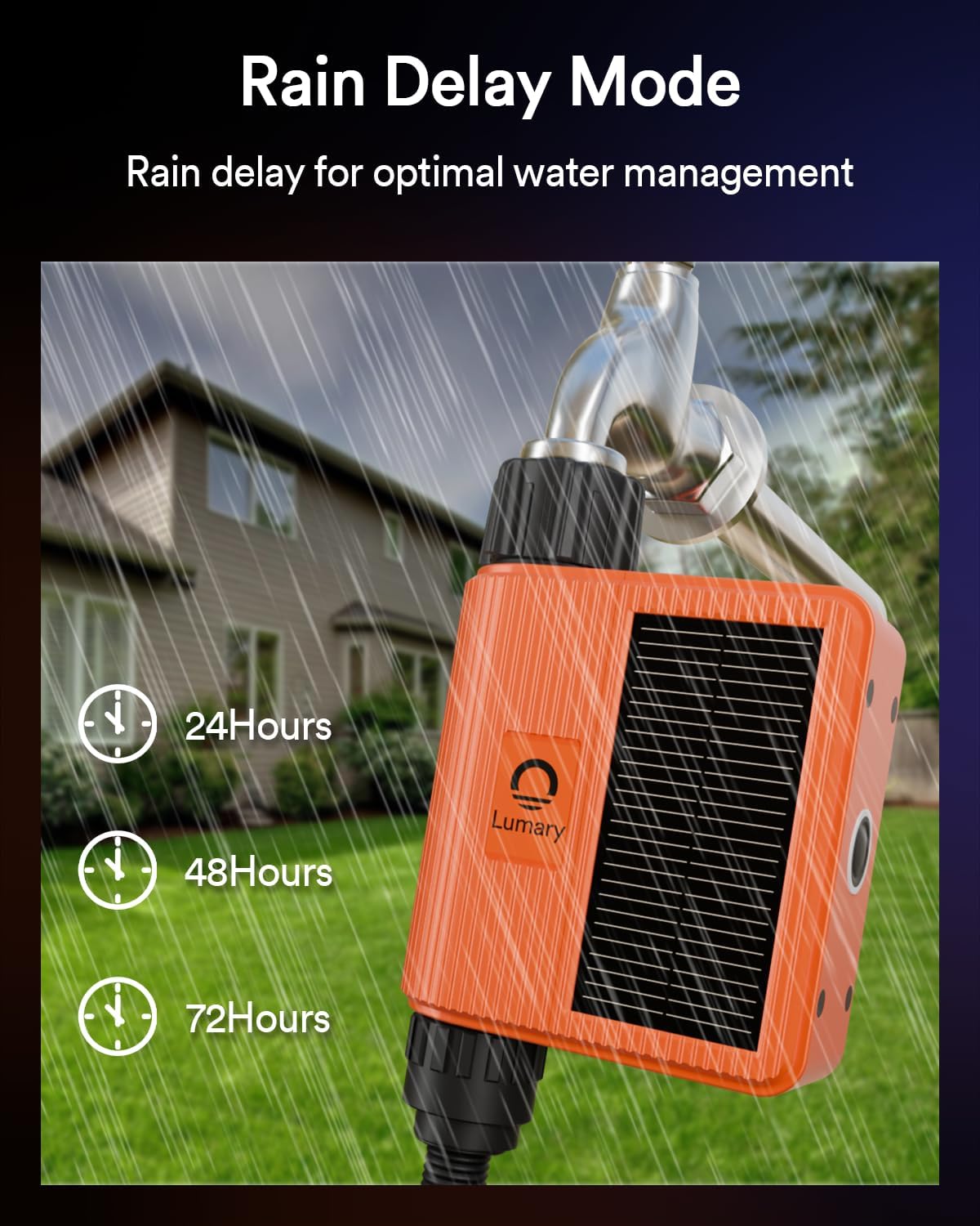 Lumary timer rain-delay feature helps conserve water during rainfall.