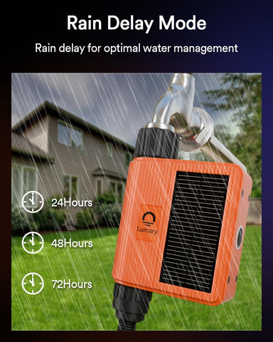 Lumary timer rain-delay feature helps conserve water during rainfall.
