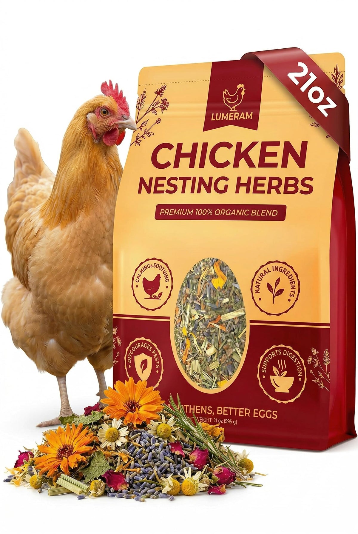 LUMERAM 21oz nesting herbs bag ready to refresh nest boxes for calmer hens.
