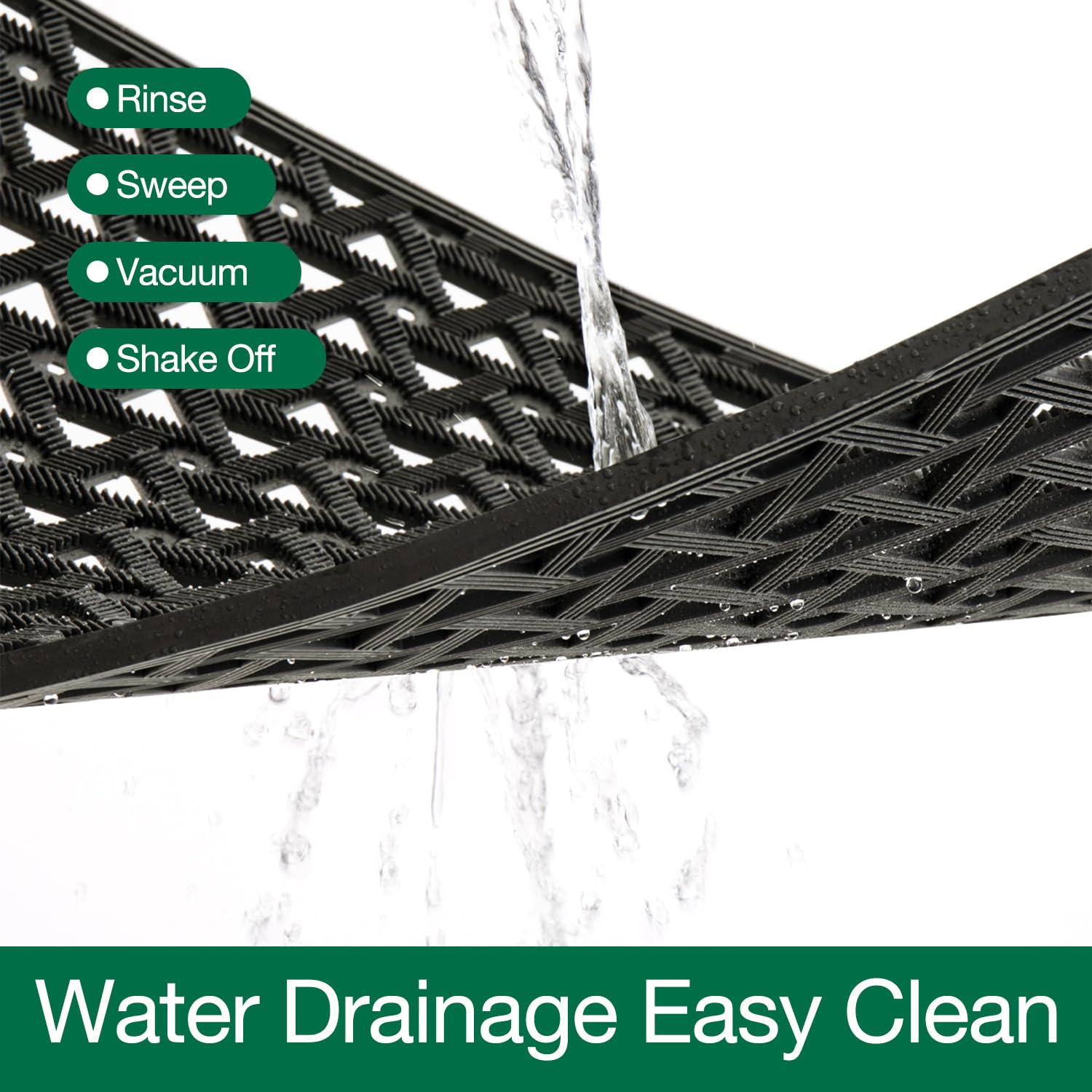 LUMI doormat hollow-triangle pattern with drainage holes reduces moisture near doors.