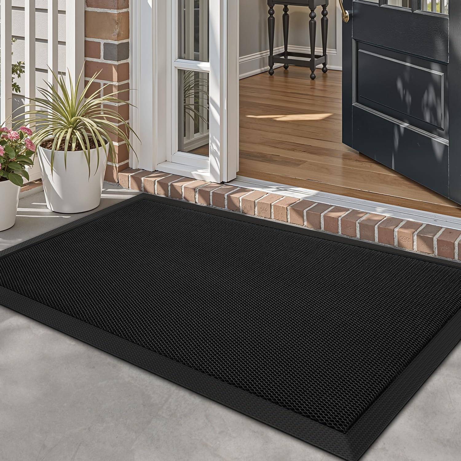 LUMI front door mat outdoors, 32x47, traps dirt for a cleaner entry.