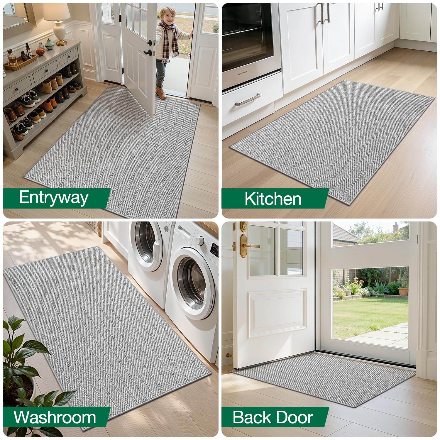 LUMI gray herringbone entry mat complements most decors and hides dirt.