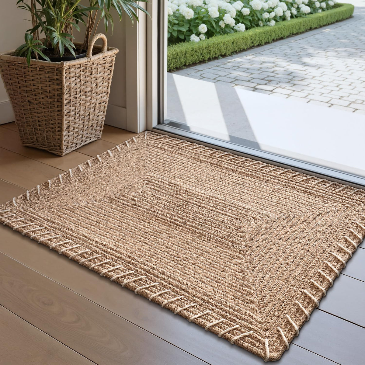 LUMI handwoven jute doormat at the front door, durable entry protection.