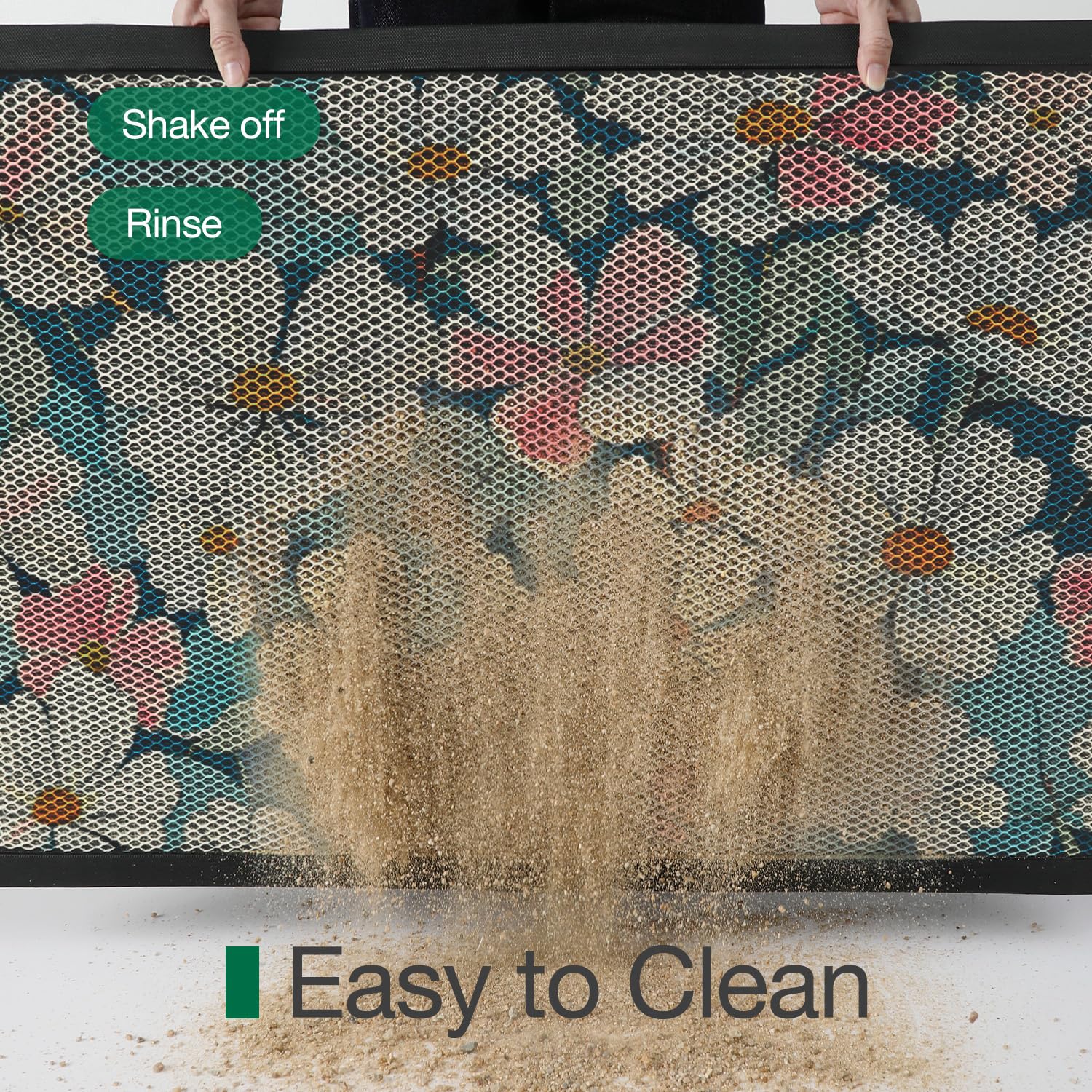LUMI easy-clean mat rinses quickly or shakes clean.