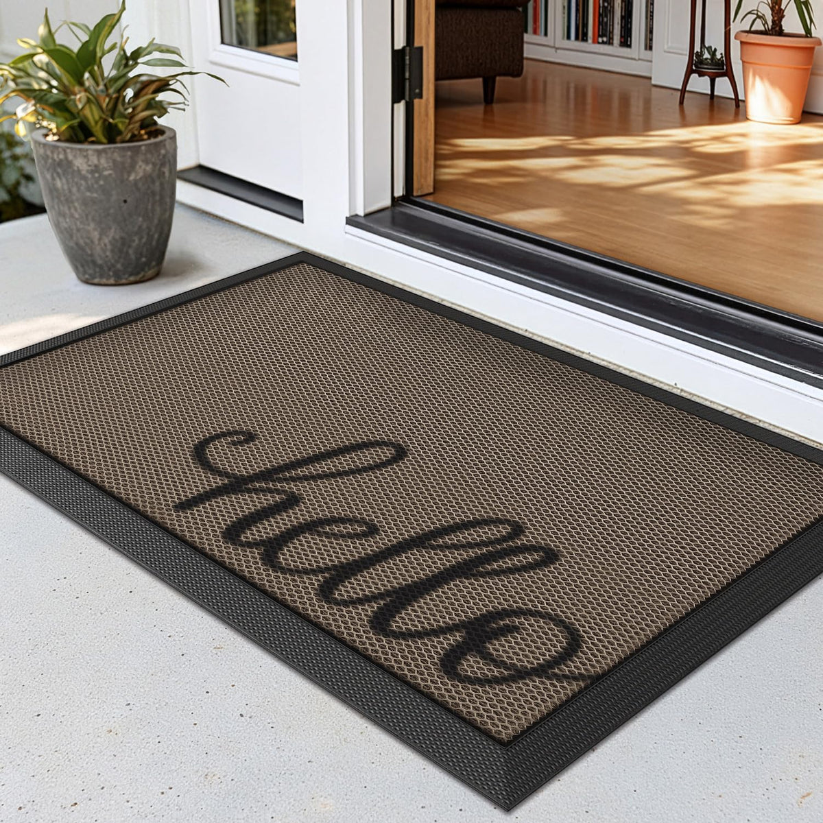 LUMI outside welcome door mat front door shows slim profile for easy door clearance.
