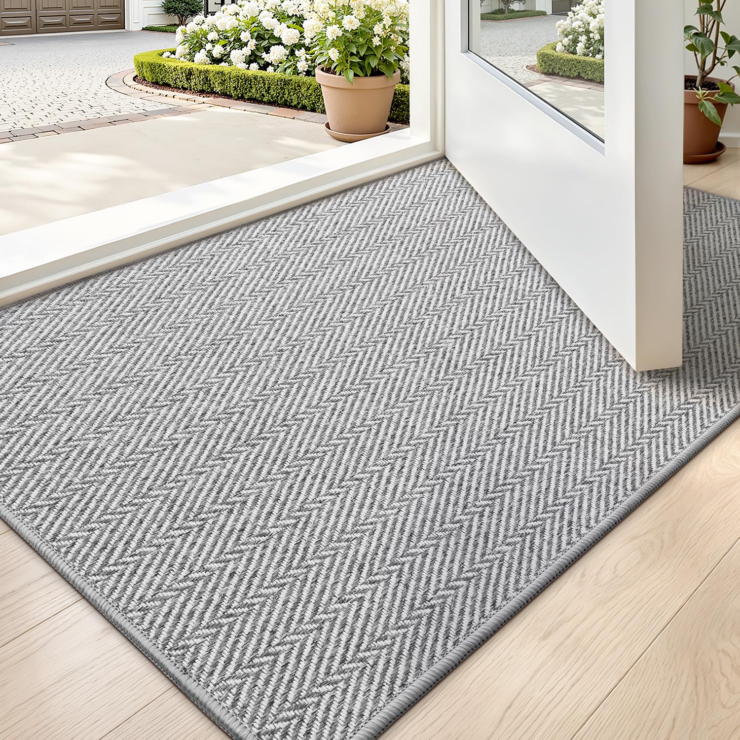 LUMI ultra-thin door mat at the entrance with a sleek, compact profile.