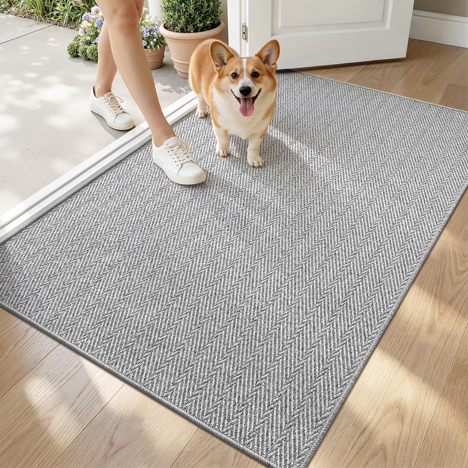 LUMI ultra-thin door mat at entrance with a sleek, space-saving profile for busy foyers.