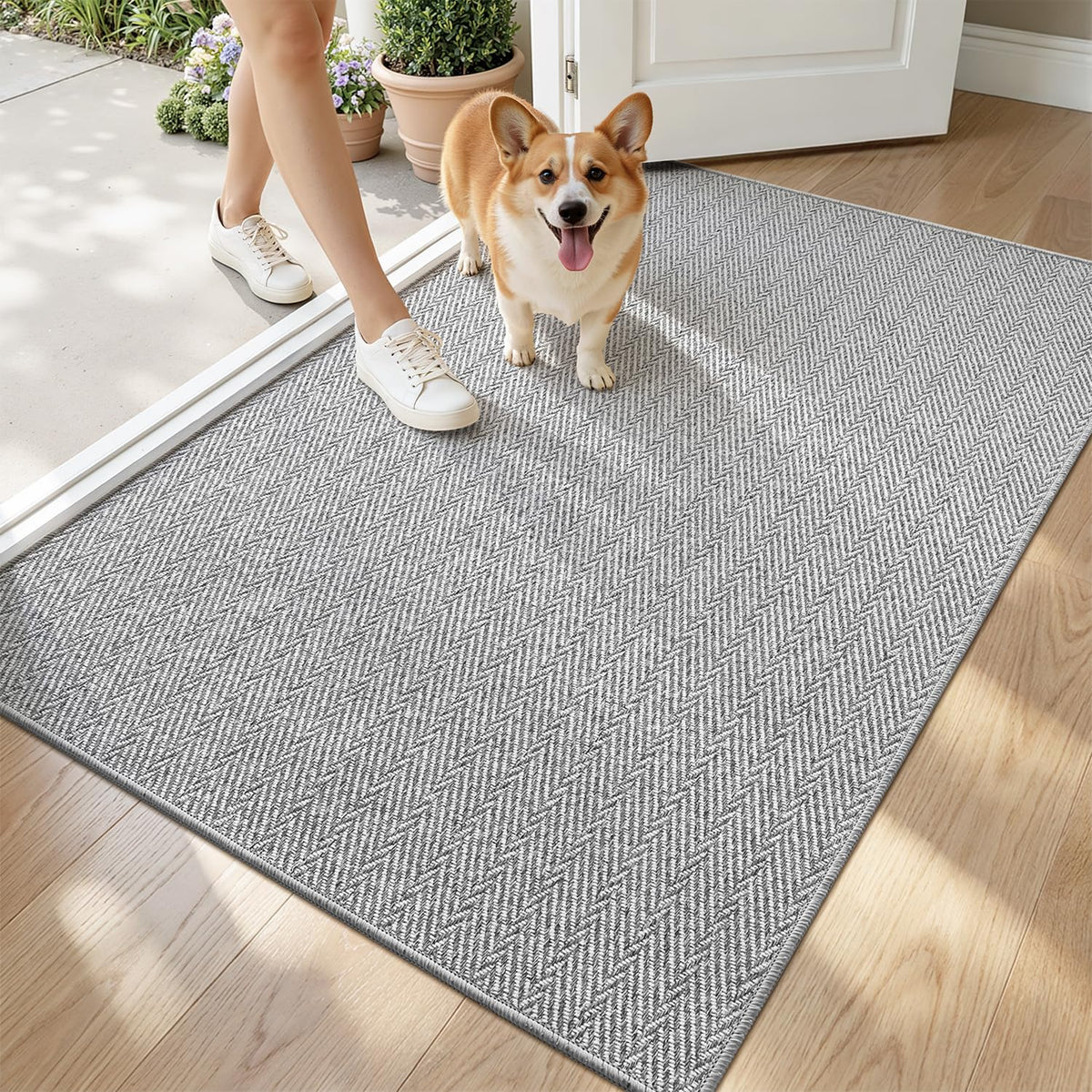 LUMI ultra-thin door mat at entrance with a sleek, space-saving profile for busy foyers.
