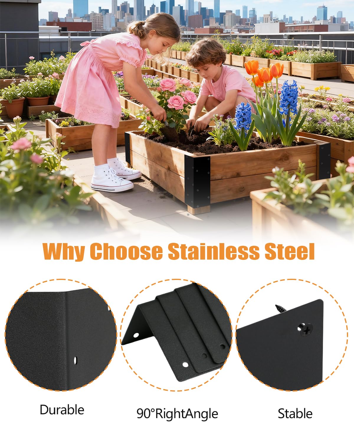 Lumlazni eight-piece set brackets reinforce every corner of a garden bed.