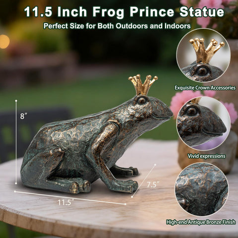 Lune cle antique-bronze frog statue with crown enhances porch decor.