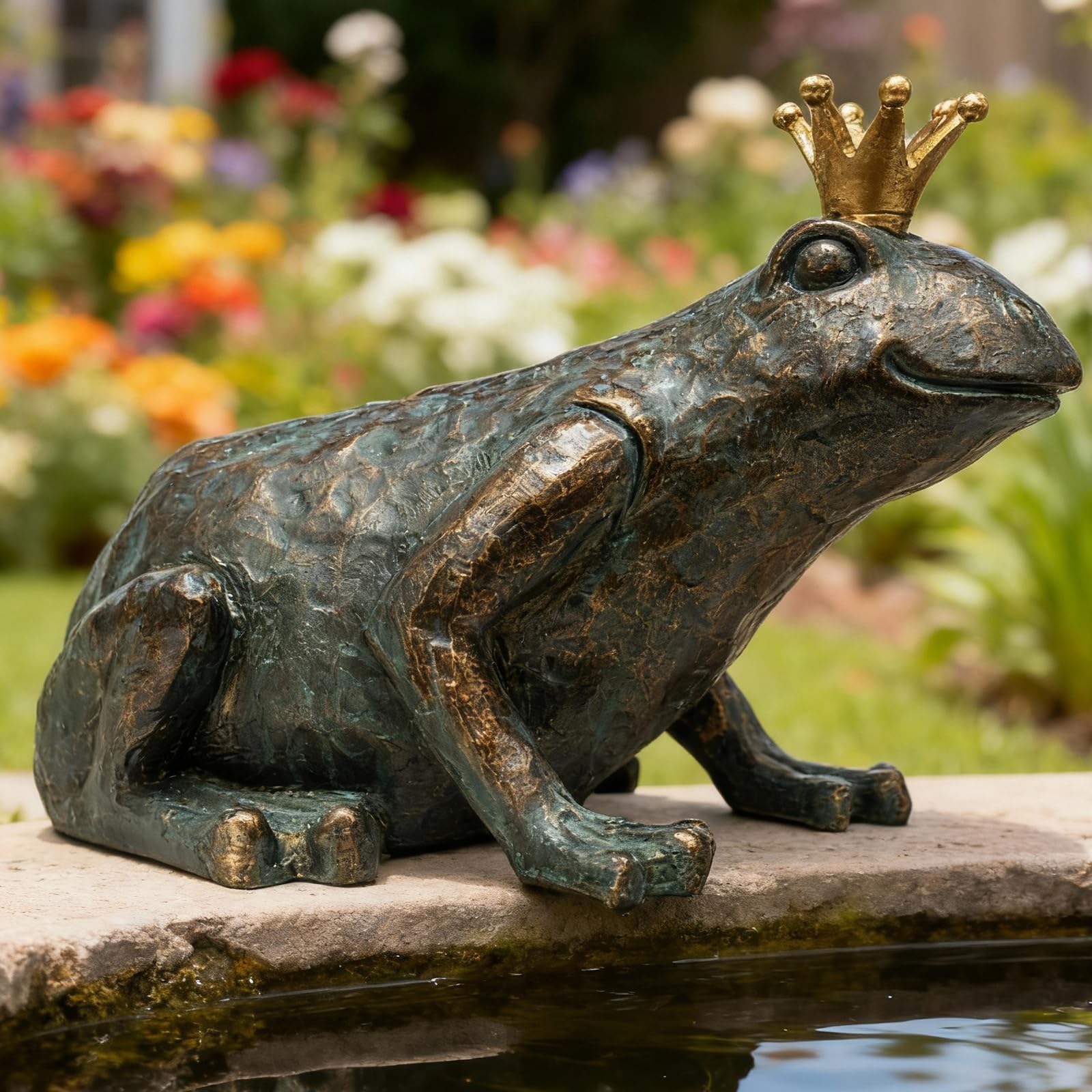 Lune cle crouching frog prince garden statue with antique bronze finish for outdoor charm.