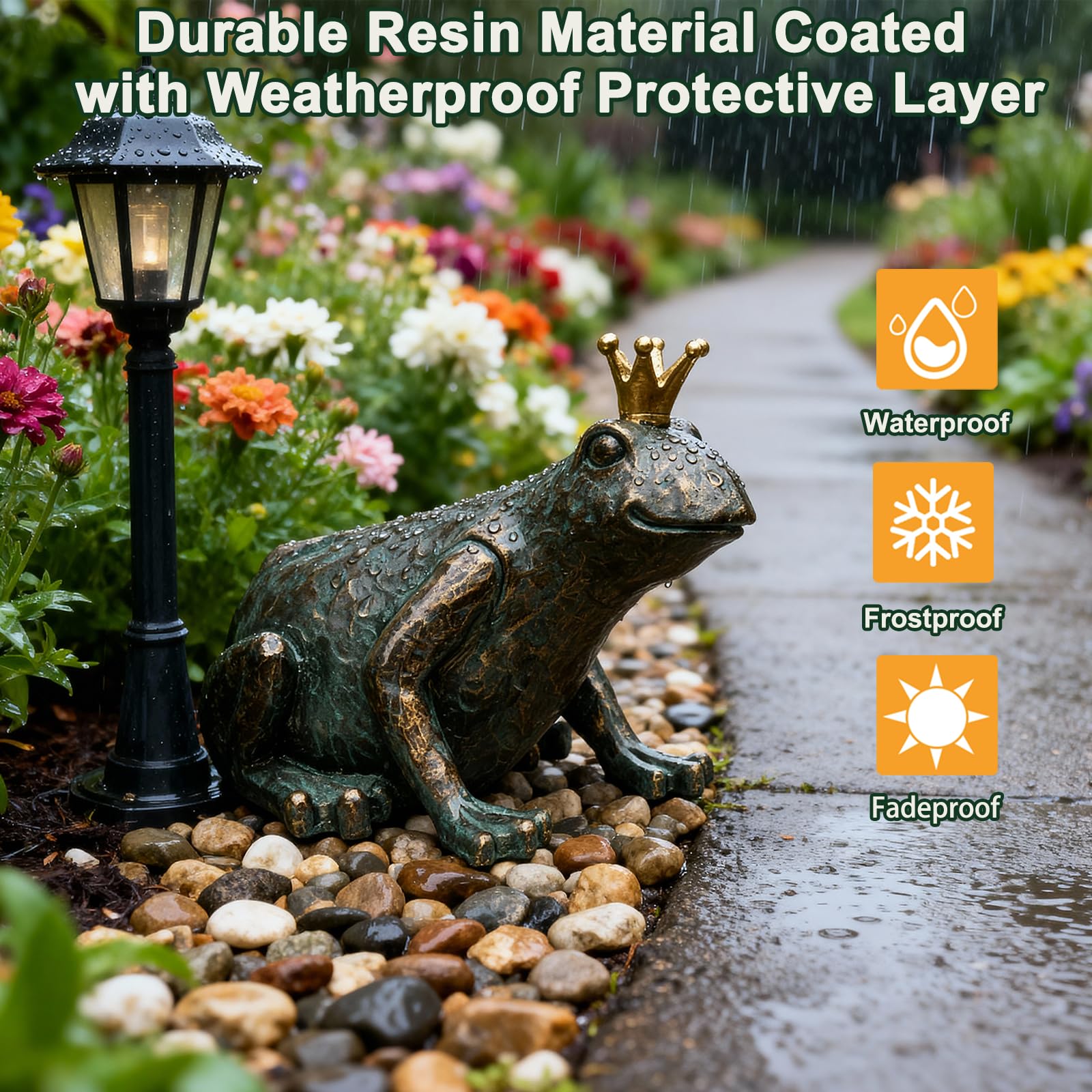 Lune cle frog prince garden statue adds whimsy to garden paths.