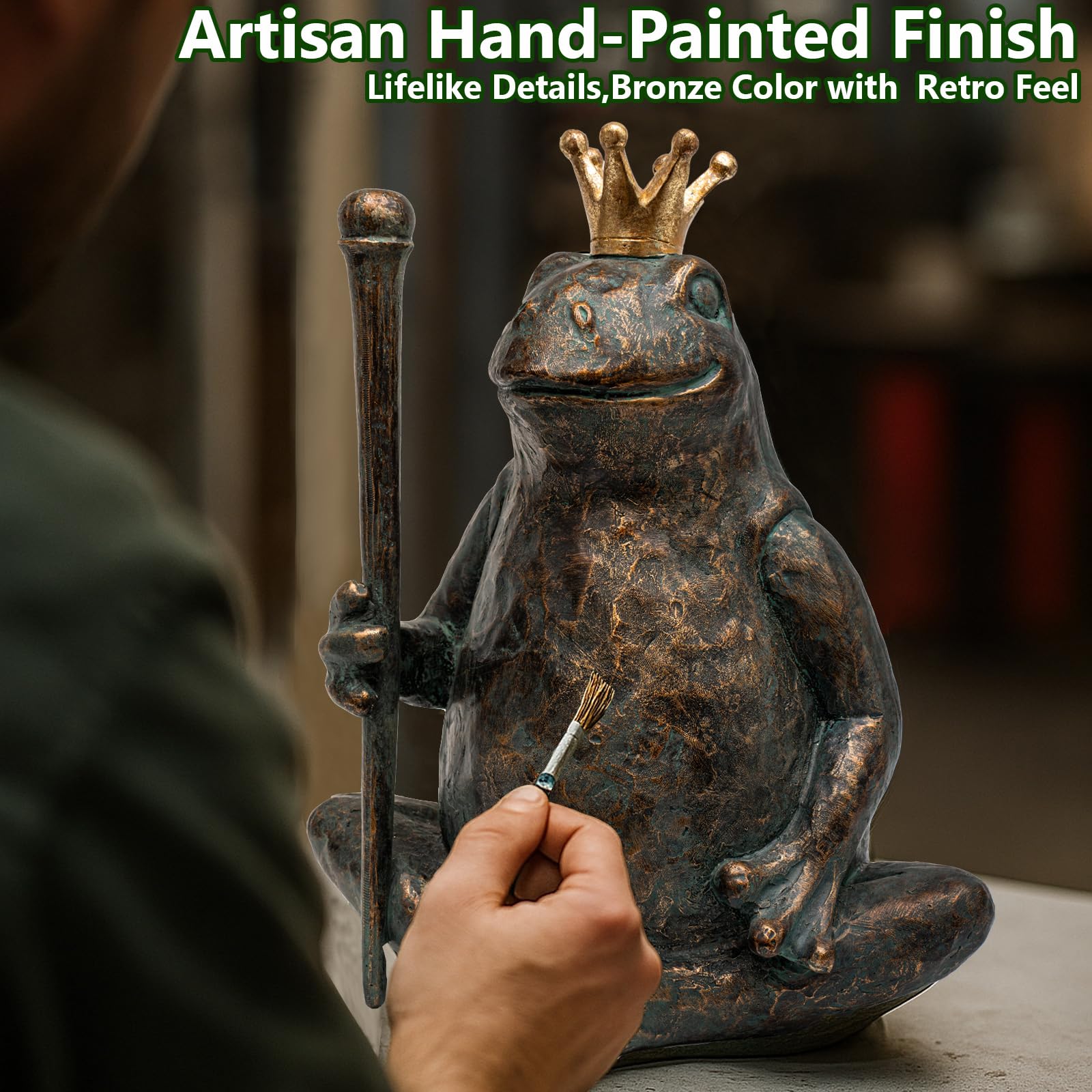 Lune cle seated prince frog with scepter adds whimsy and regal charm.