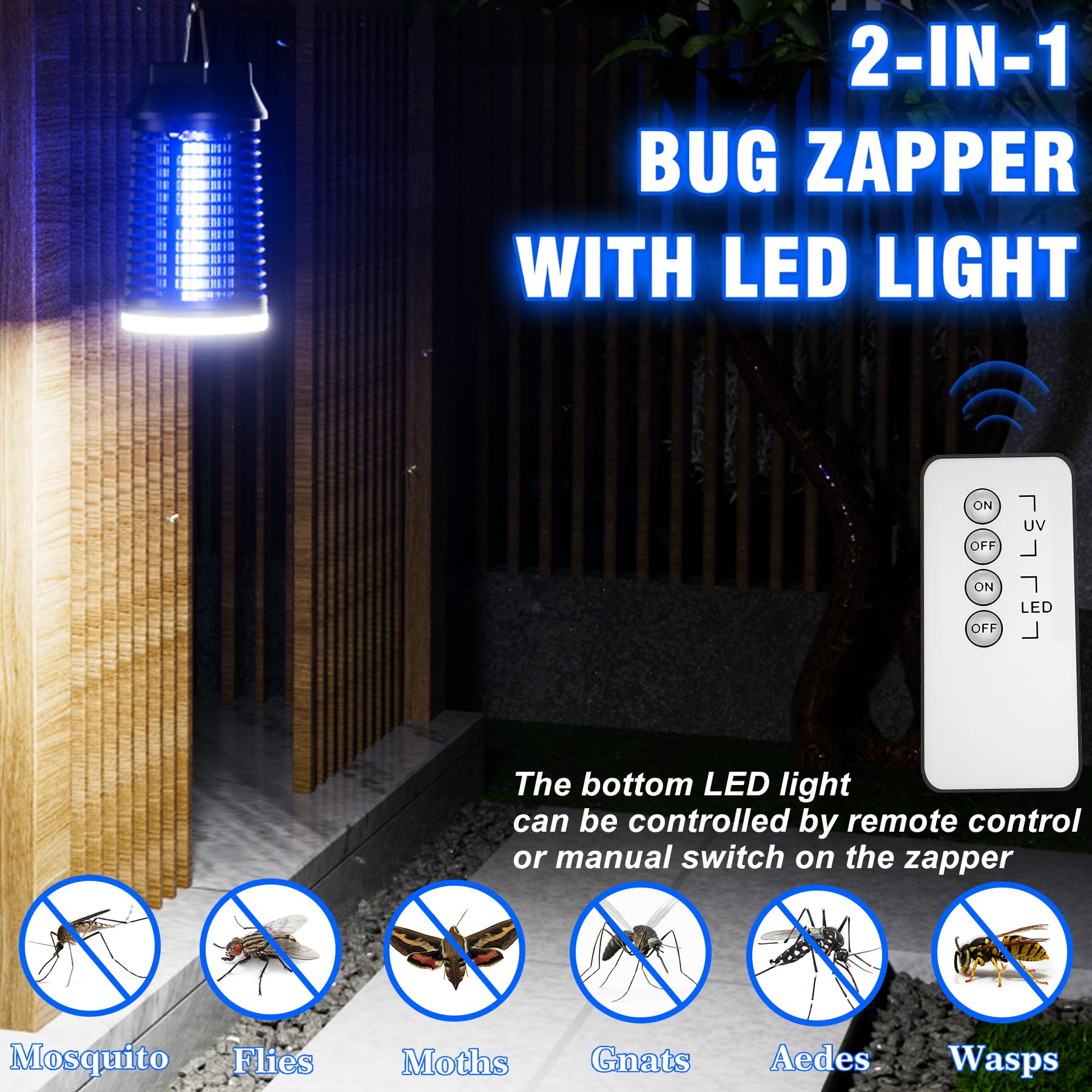 LUOJIBIE electric bug zapper with 4200-volt grid eliminates insects on contact.