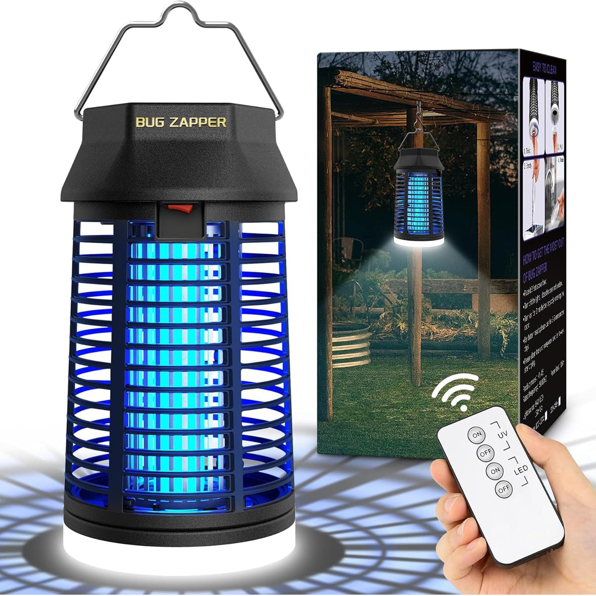 LUOJIBIE remote-control bug zapper with LED light attracts flying insects and provides illumination.
