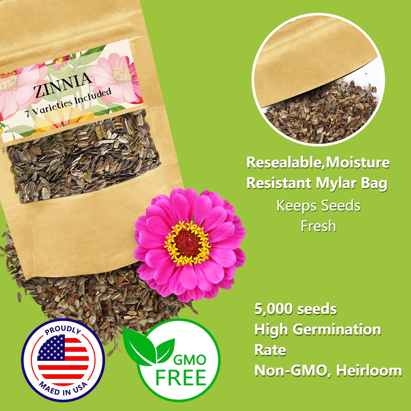 LUOJIBIE Zinnia resealable packaging keeps seeds fresh.