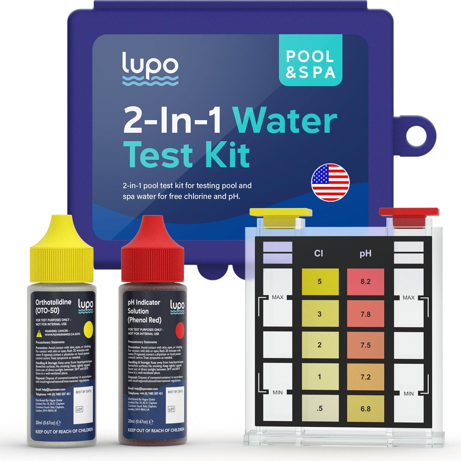 LUPO 2-In-1 Pool Test Kit front view, a compact home testing solution