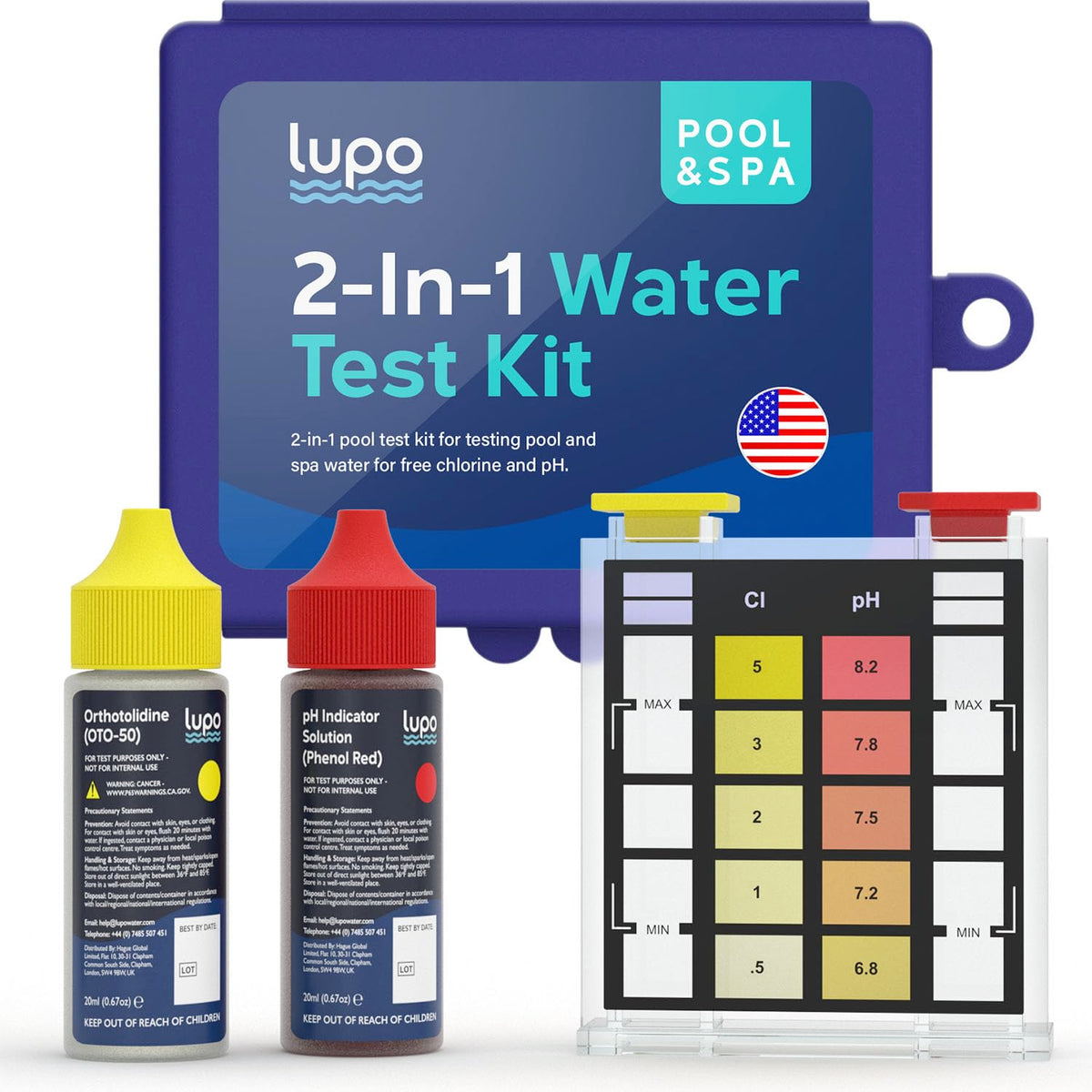 LUPO 2-In-1 Pool Test Kit front view, a compact home testing solution