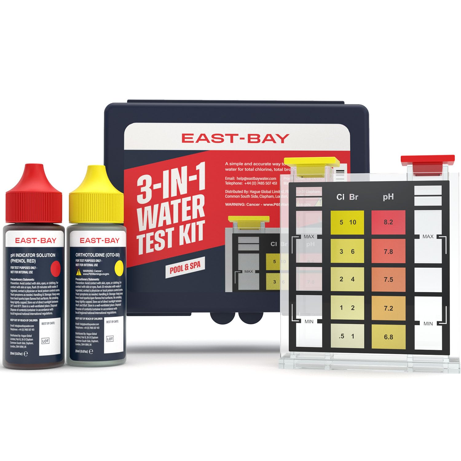Lupo Global East Bay test kit packaging shows all-in-one home pool water testing.