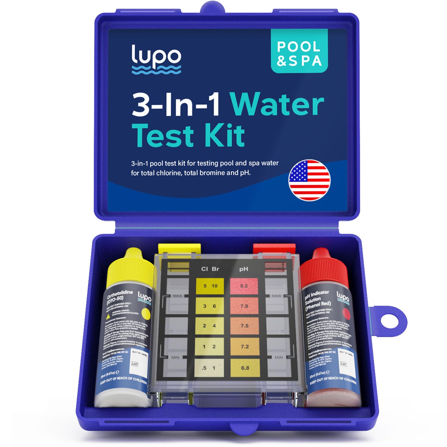 Lupo Global 3-in-1 pool test kit case keeps supplies organized for quick testing.