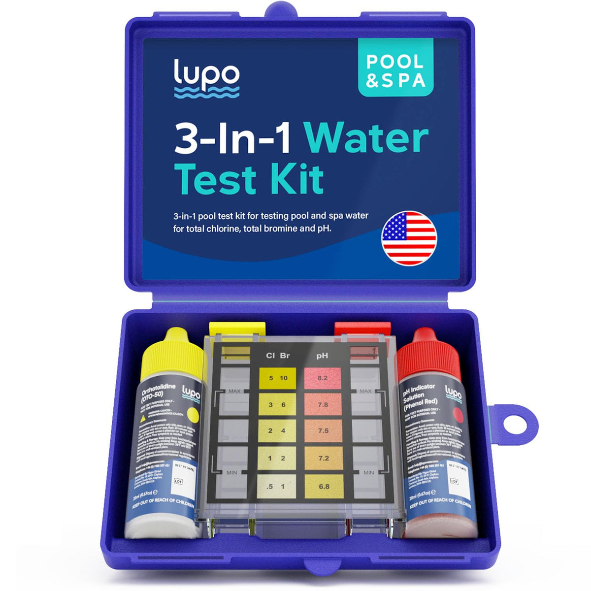 Lupo Global 3-in-1 pool test kit case keeps supplies organized for quick testing.