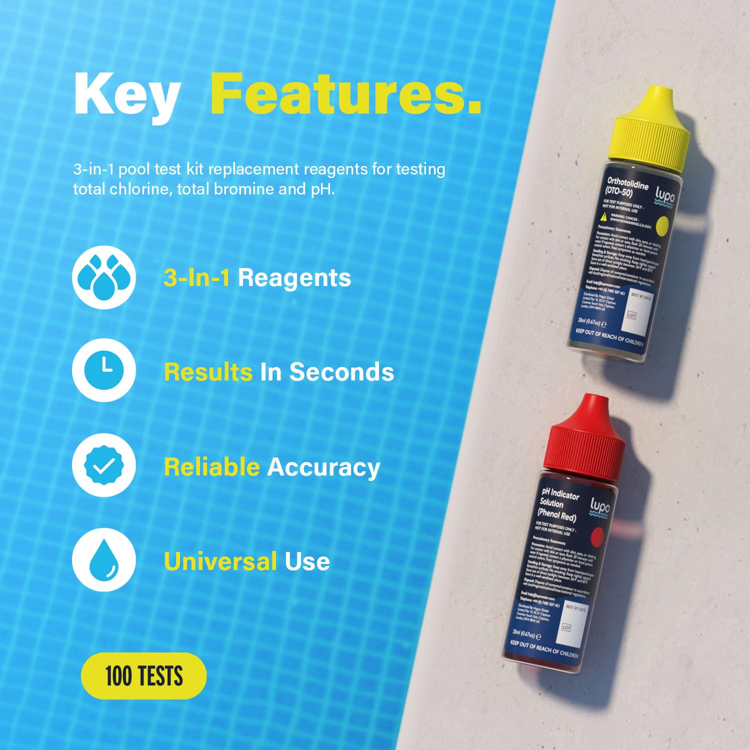 Lupo Global OTO reagent bottle shown for reliable chlorine and bromine testing.