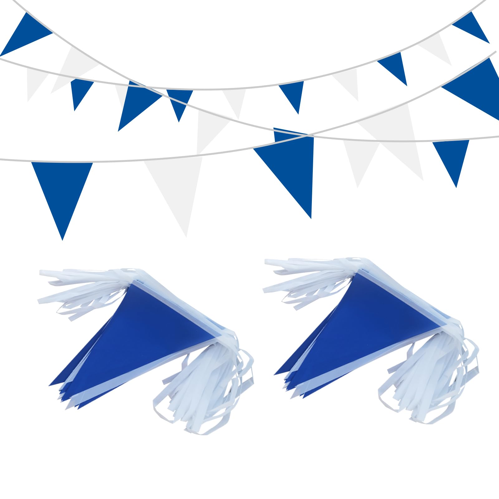 LUSEOAN 100ft blue and white pennant banner outdoors with festive color.