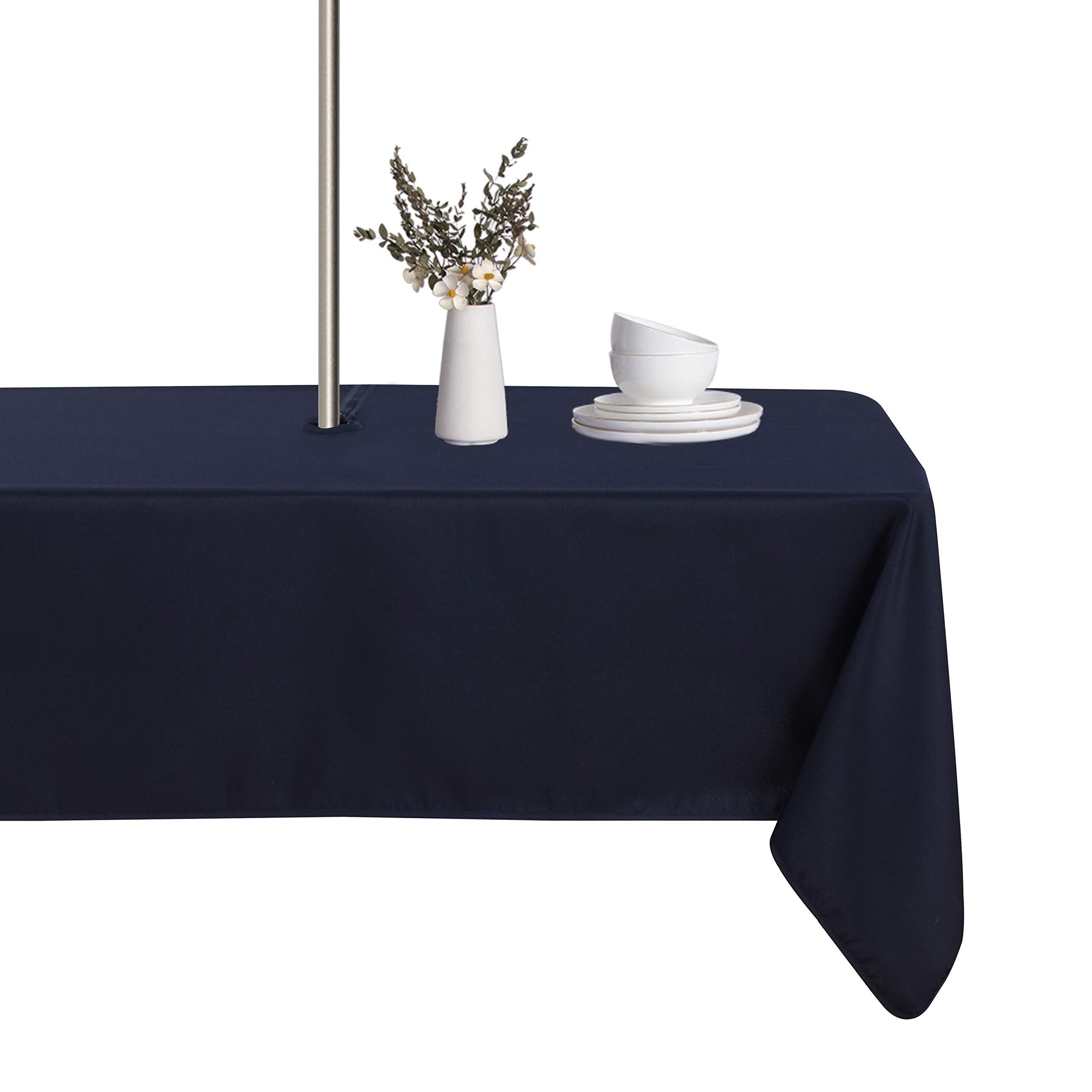 LUSHVIDA rectangle outdoor tablecloth with umbrella hole for protected patio dining.