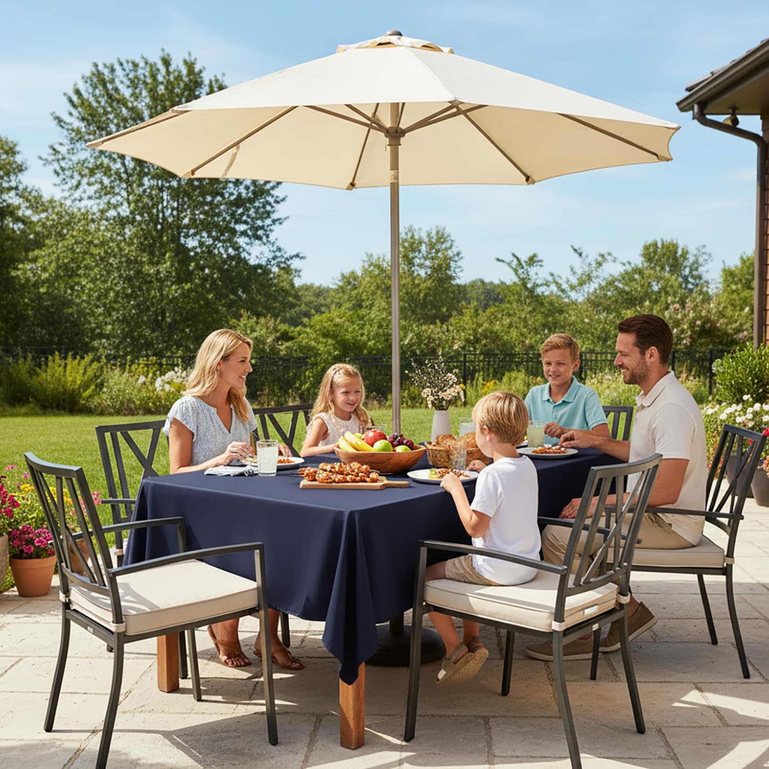 LUSHVIDA tablecloth with zipper feature enables umbrella use without removal.
