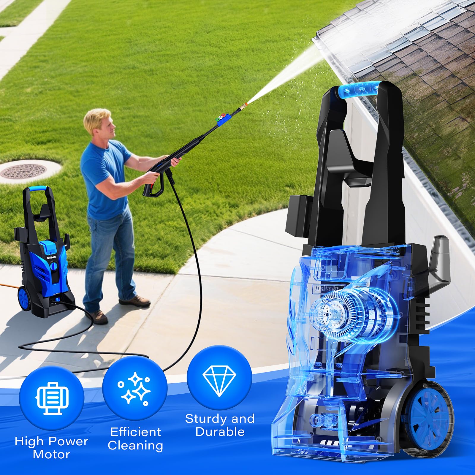 Lusilushy pressure washer foam cannon and detergent use enhance cleaning versatility.