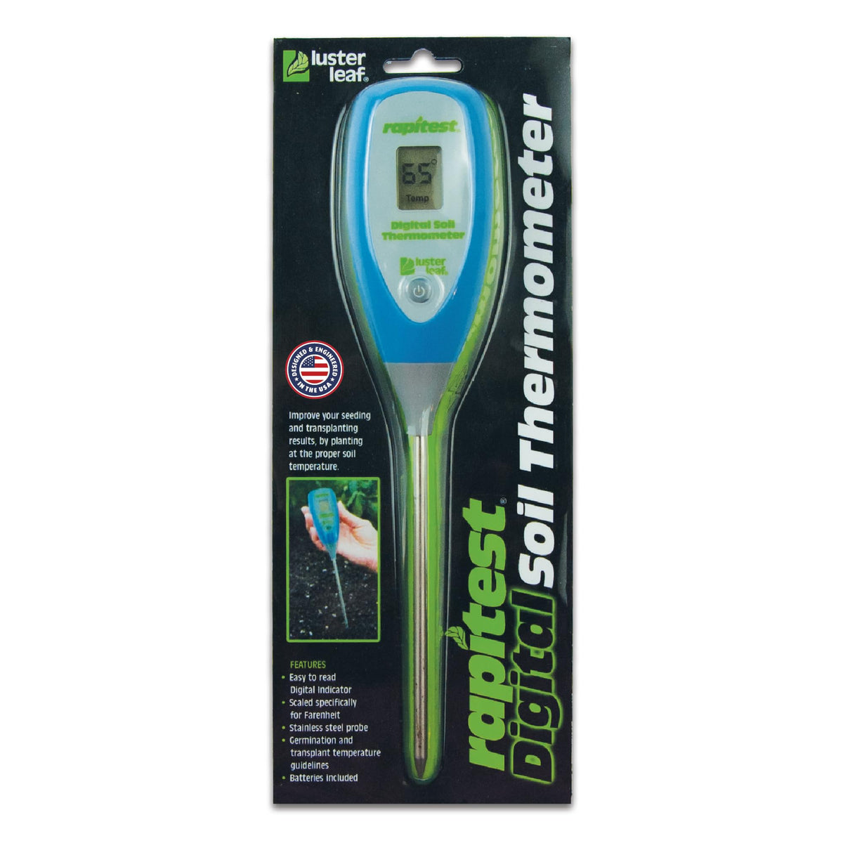 Luster Leaf 1625 digital soil thermometer front view for quick soil temperature checks